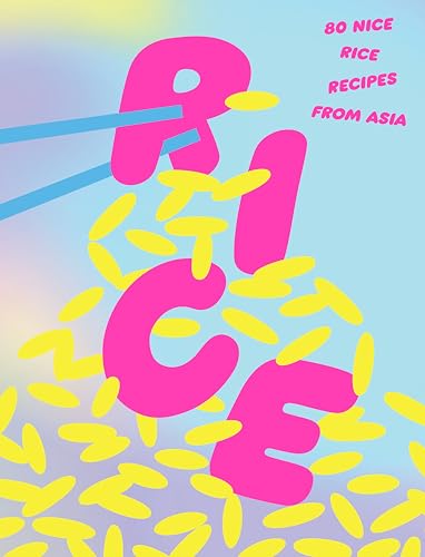 Cookbook cover with large pink "RICE" text and scattered yellow rice grains.