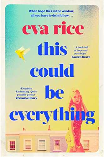 Book cover with colorful text, a yellow bird, and a woman with red hair.