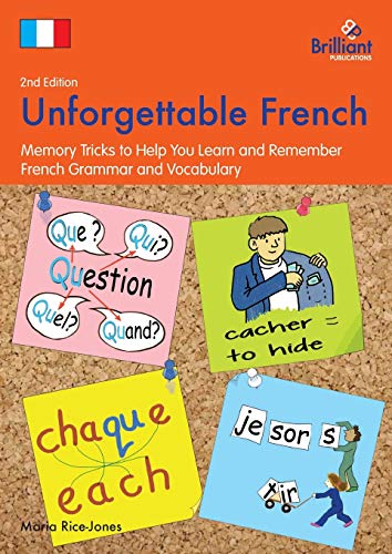 Book cover: “Unforgettable French” with colorful sticky notes and illustrations.