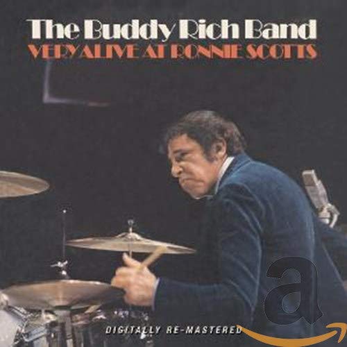 Buddy Rich drumming, album cover for "Very Alive At Ronnie Scotts" CD.