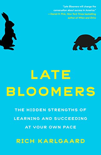 Book cover with silhouettes of a hare and tortoise, title “Late Bloomers”.