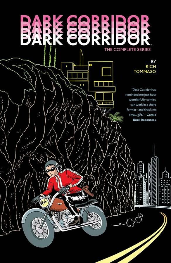 Comic book cover: motorcyclist riding towards a silhouetted city.