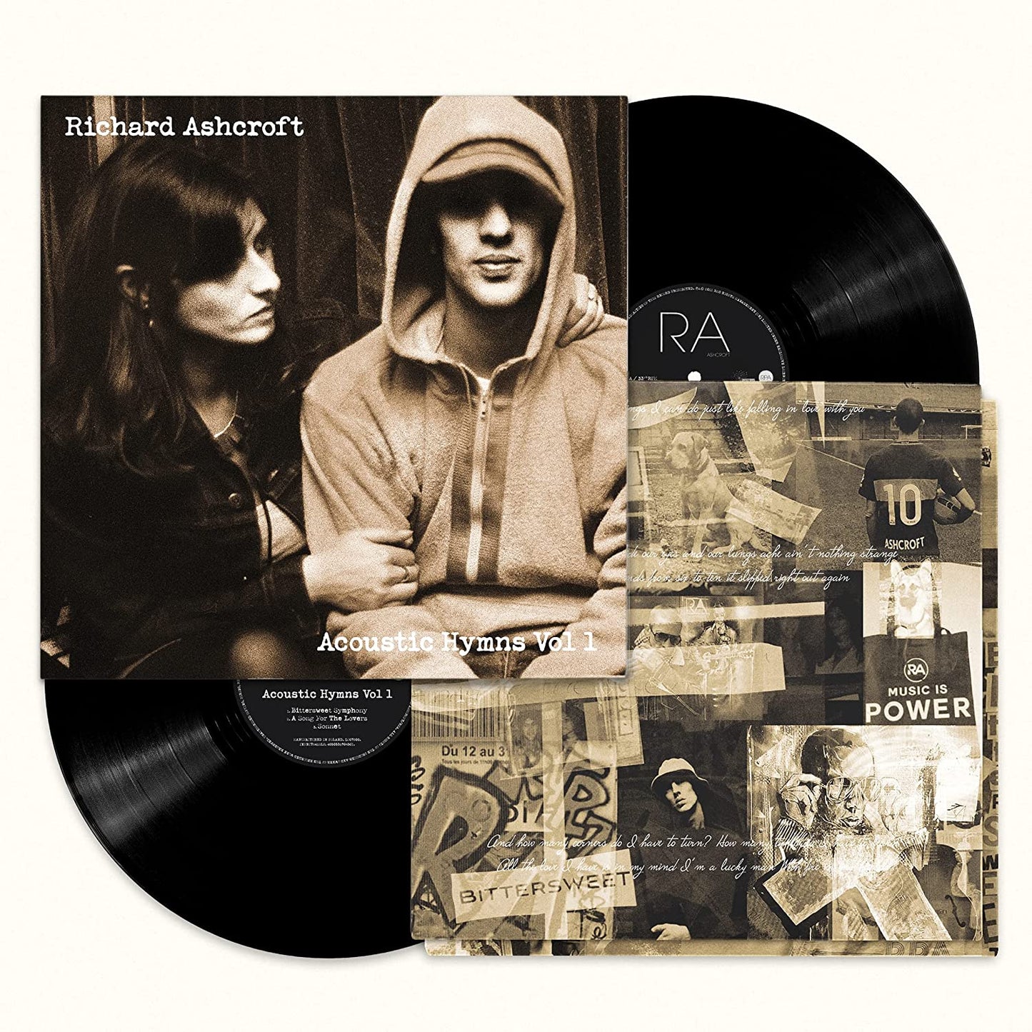 Sepia-toned album cover featuring a woman looking at a man wearing a hooded sweatshirt.