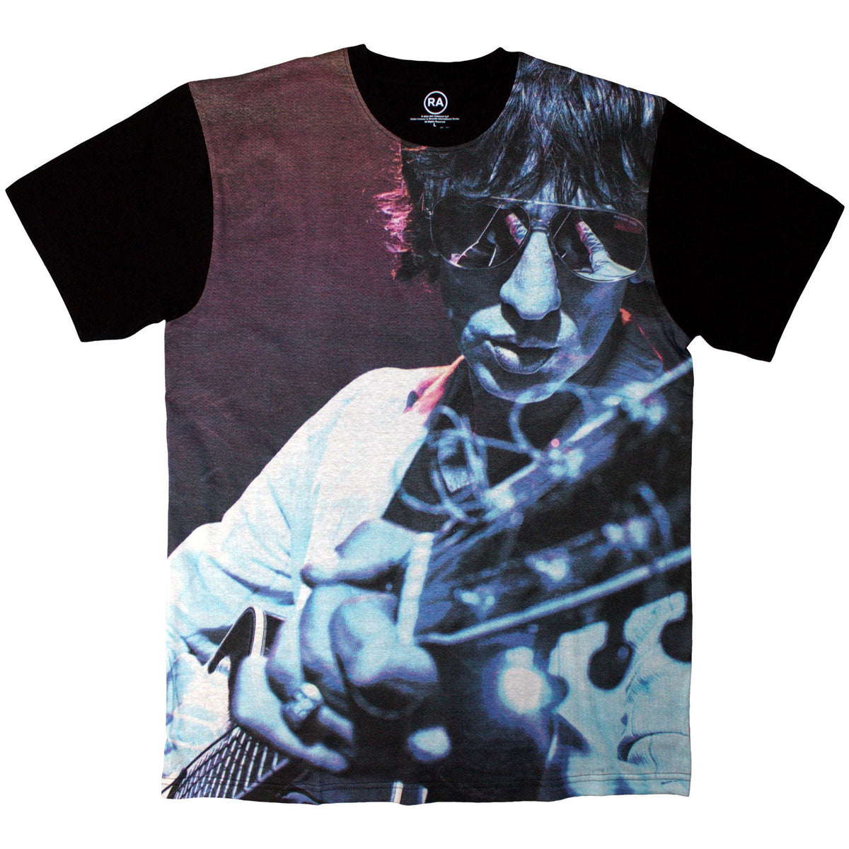 Black t-shirt with all-over print of Richard Ashcroft playing guitar.