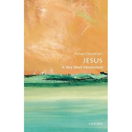 Book cover: "Jesus: A Very Short Introduction" with abstract orange and teal art.