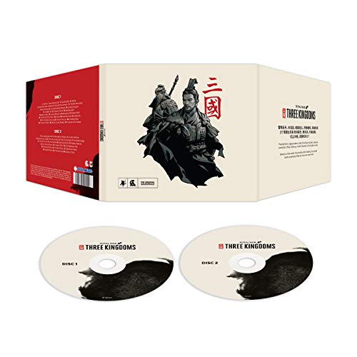 Total War: Three Kingdoms" soundtrack CD case with two discs, featuring artwork of warriors.