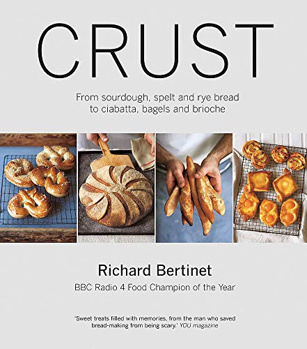Book cover featuring various breads and a baker, titled "Crust" by Richard Bertinet.