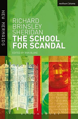 Book cover for "The School for Scandal" with green and gold details.