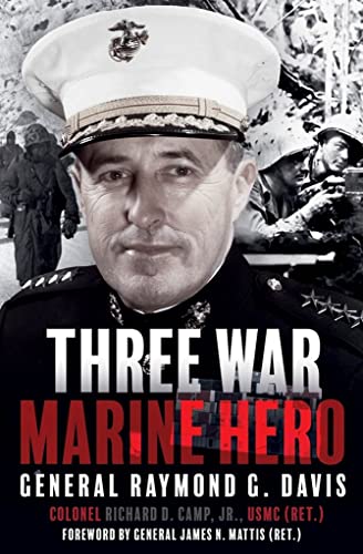 Book cover featuring a Marine officer in uniform, titled "Three War Marine Hero.