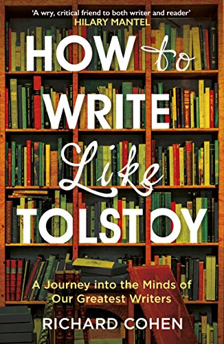 Book cover with title "How to Write Like Tolstoy" against a bookshelf.