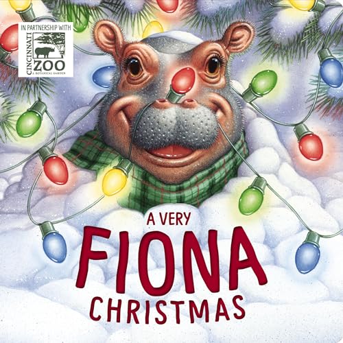 Fiona the hippo with Christmas lights and the book title.