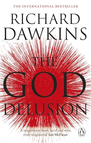 Book cover: "The God Delusion" by Richard Dawkins, with red burst design.