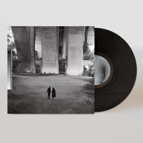 Black and white vinyl record and album cover featuring two people under a bridge.