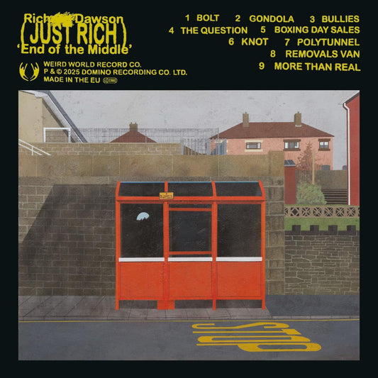 CD cover for Richard Dawson’s “End of the Middle” featuring a red bus shelter.