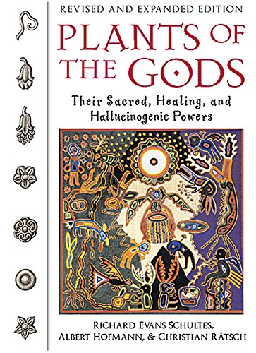 Book cover titled Plants of the Gods featuring colorful indigenous-style artwork and botanical icons.
