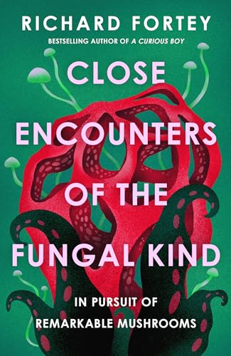 Book cover featuring a large red lattice fungus and small mushrooms on green background.