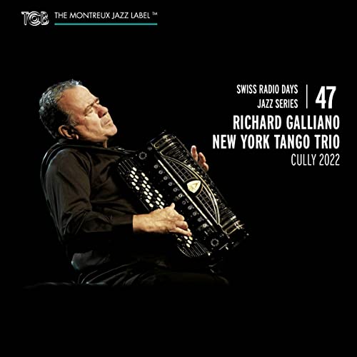 Richard Galliano playing an accordion, album cover for “New York Tango.”