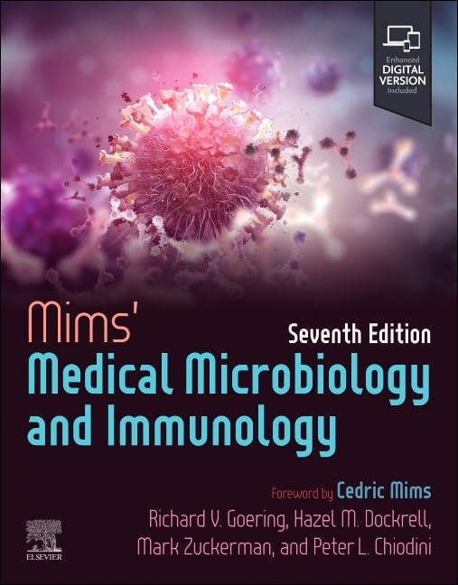 Book cover: “Mims’ Medical Microbiology and Immunology,” seventh edition, with virus image.