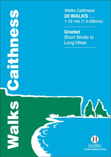 Cover of “Walks Caithness” guide book, showing coastline illustration.