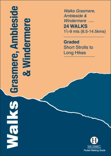 Book cover for Walks Grasmere, Ambleside and Windermere with blue and peach abstract landscape.