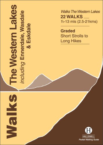 Cover of Walks the Western Lakes guidebook with stylized mountain and lake illustration.