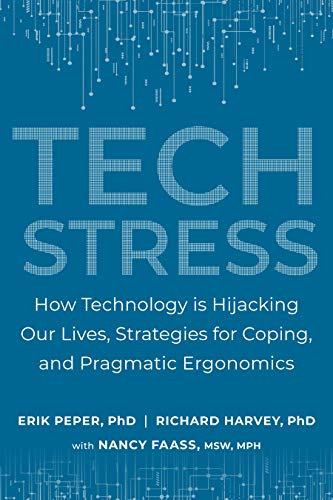 Book cover for "Tech Stress" with blue background and white text.