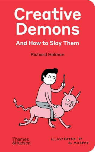 Book cover with red background showing a cartoon person riding a pink horned demon.