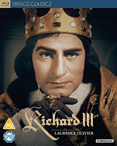 Blu-ray cover for "Richard III" featuring Laurence Olivier in royal attire.