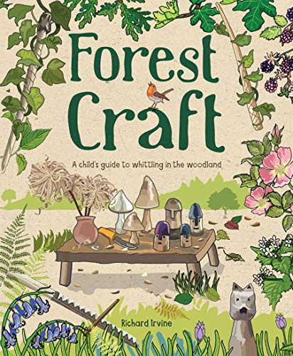 Book cover with illustrated woodland scene, mushrooms, and whittling tools.