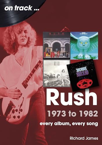 Book cover featuring a guitarist and four Rush album covers on a red background.
