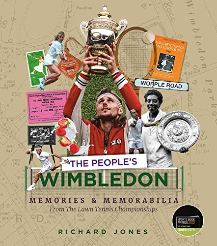 Book cover featuring Wimbledon trophies, players, and vintage imagery.