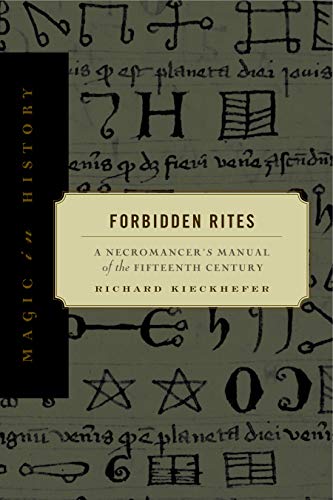 Book cover: “Forbidden Rites,” a necromancer’s manual with occult symbols.