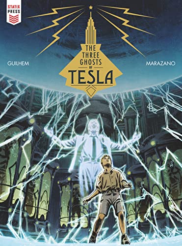 Book cover: boy looking up at a glowing, spectral figure with lightning.