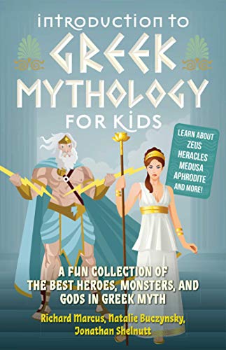 Book cover featuring Zeus, a goddess, and the title "Introduction to Greek Mythology for Kids.