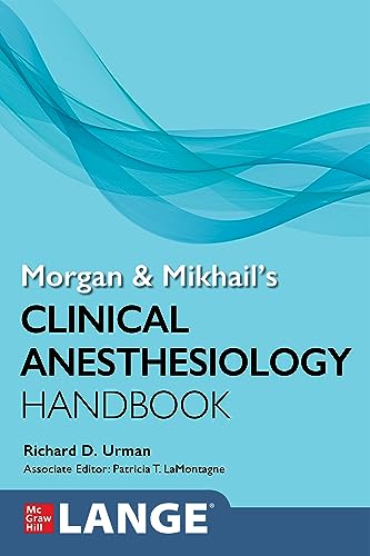 Book cover: "Morgan & Mikhail's Clinical Anesthesiology Handbook," blue background.