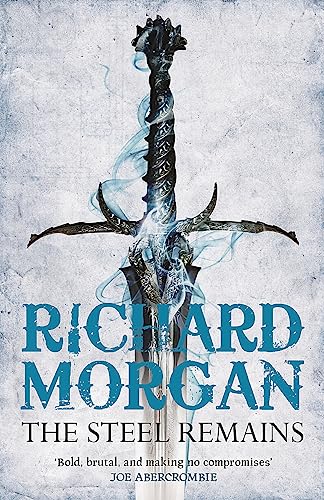A sword surrounded by blue wisps of smoke against a textured grey background.