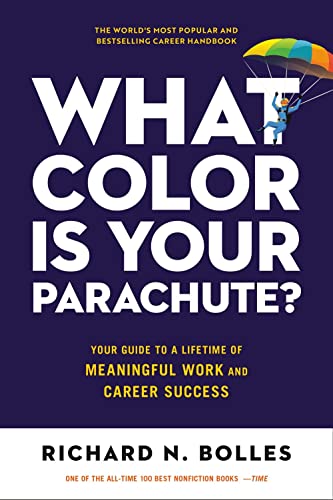 Book cover with large white text and a person parachuting on a purple background.