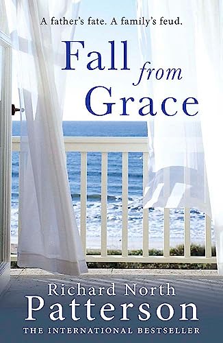 Book cover: coastal view framed by white curtains, title “Fall from Grace”.