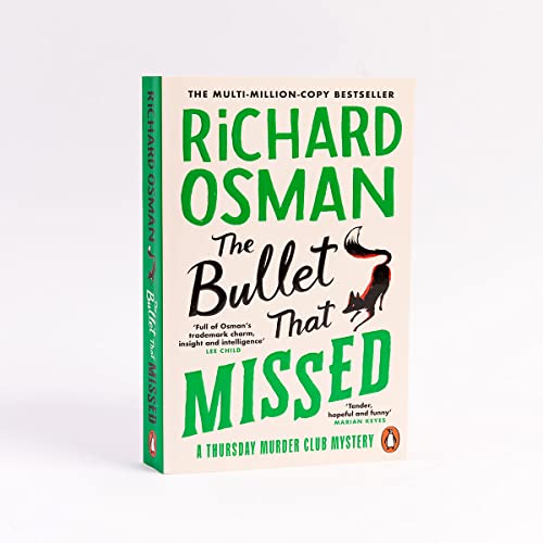 Book cover: "The Bullet That Missed" by Richard Osman, with a cat silhouette.