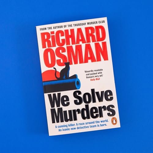 Book cover: “We Solve Murders” by Richard Osman, featuring a black cat.