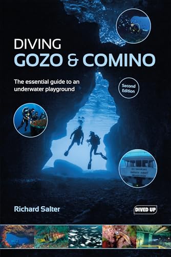 Book cover titled Diving Gozo & Comino featuring underwater photos of divers and marine life.