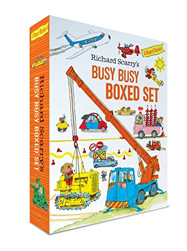 Richard Scarry's Busy Busy Boxed Set with vehicles and construction scenes.