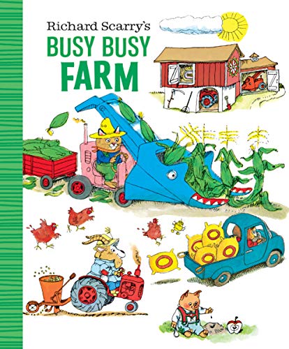 Book cover featuring Richard Scarry animal characters operating farm machinery and harvesting crops.