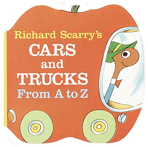 Apple-shaped board book titled Richard Scarry's Cars and Trucks featuring a worm in a vehicle.