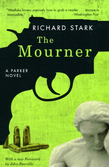Book cover: "The Mourner" with a gun silhouette and bust sculpture.