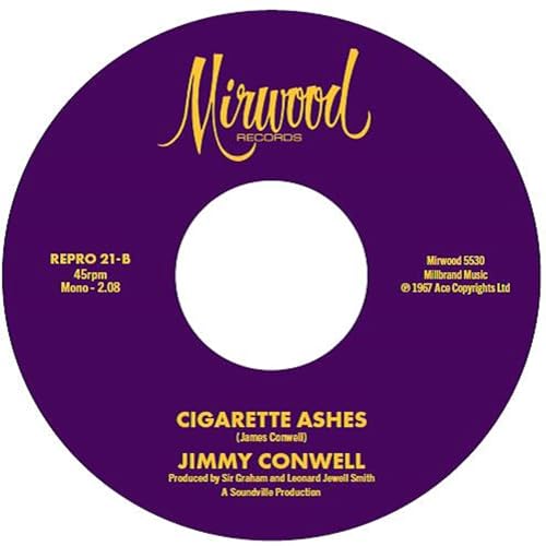 Purple vinyl record label with yellow text: "Mirwood Records" and "Jimmy Conwell".