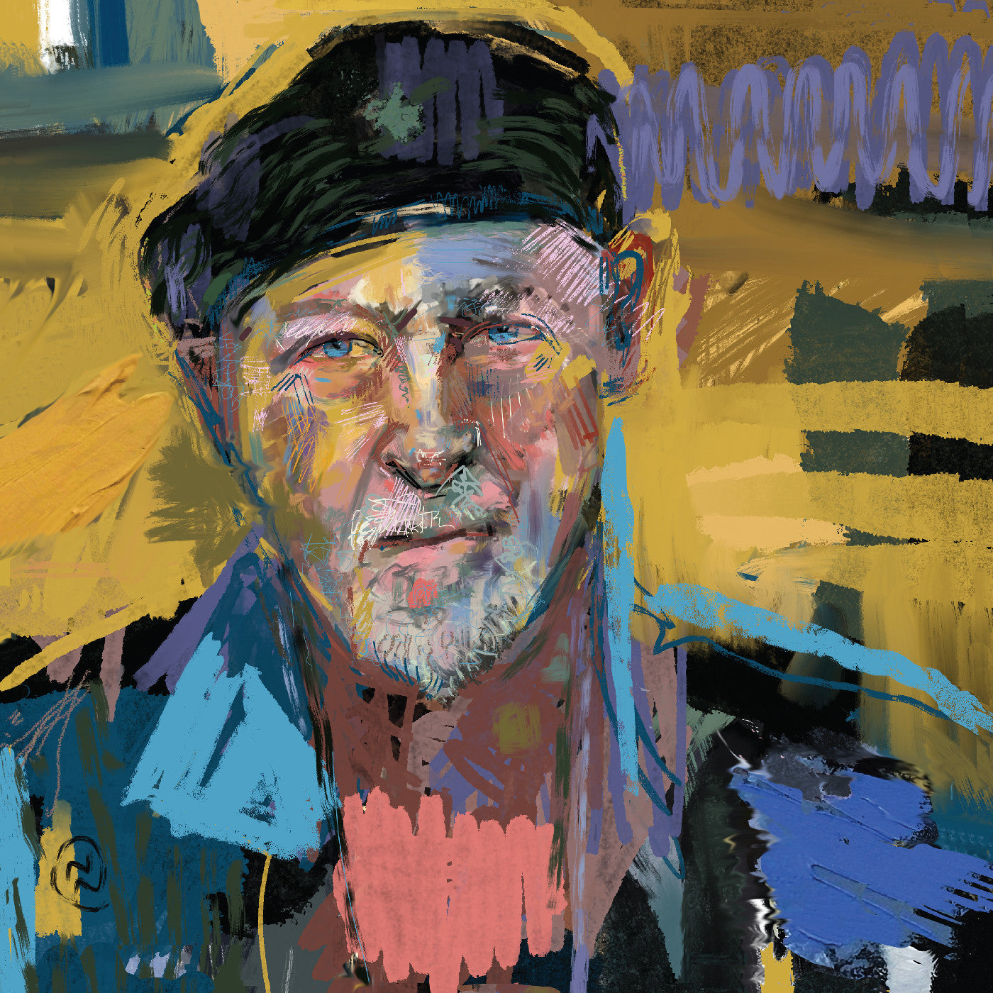 Painted portrait of Richard Thompson, a man with a beard, looking forward.
