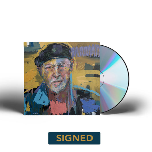 CD case with painted portrait of an older man, signed copy.