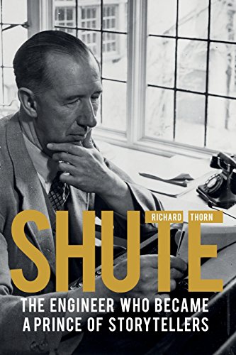 Black and white portrait of Neville Shute, book cover with gold title.
