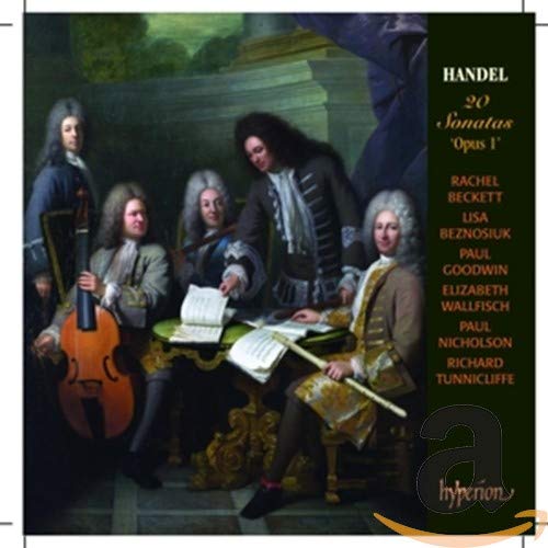 Alt text: "Classical painting of musicians with instruments, titled 'Handel: 20 Sonatas Op 1' CD cover."